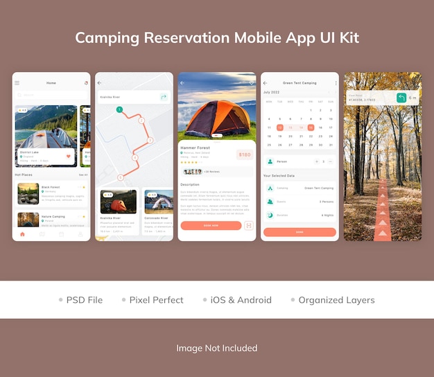 PSD kit de interfaz de usuario de la aplicación móvil de reserva de camping