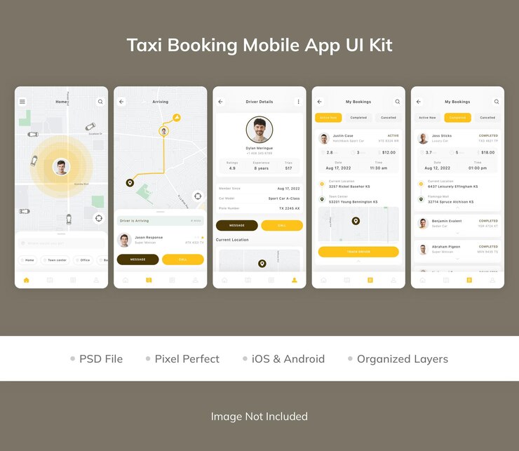 PSD kit de interfaz de usuario de la aplicación móvil de reserva de taxis