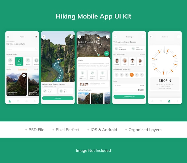 PSD kit de interfaz de usuario de la aplicación móvil de senderismo
