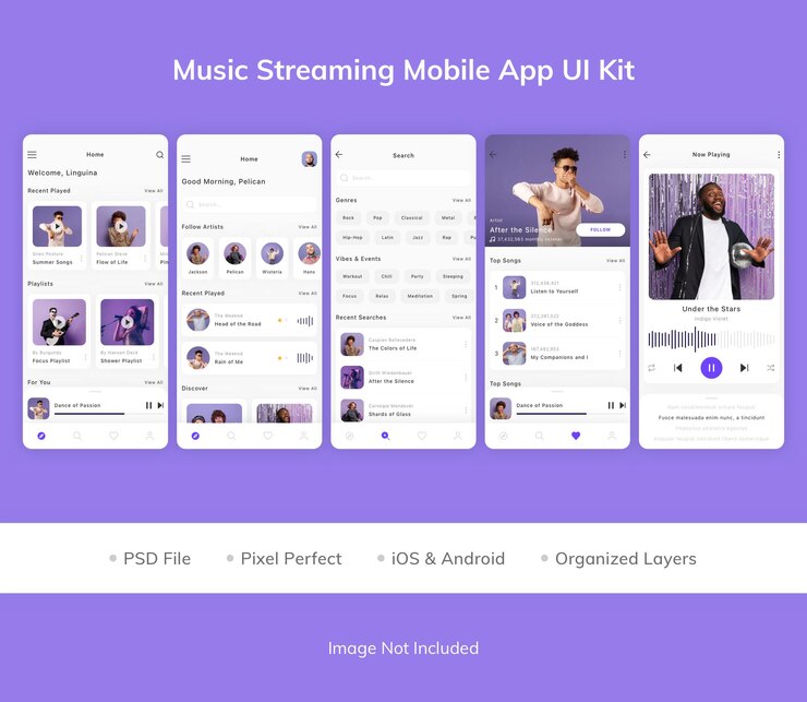 PSD kit de interfaz de usuario de la aplicación móvil de transmisión de música