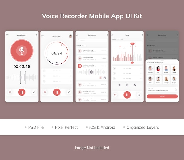 Kit de interfaz de usuario de la aplicación móvil voice recorder