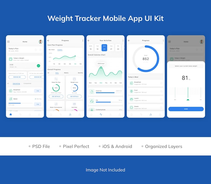 PSD kit de interfaz de usuario de la aplicación móvil weight tracker