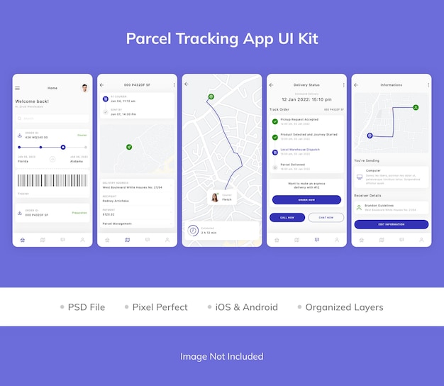 PSD kit de interfaz de usuario de la aplicación parcel tracking