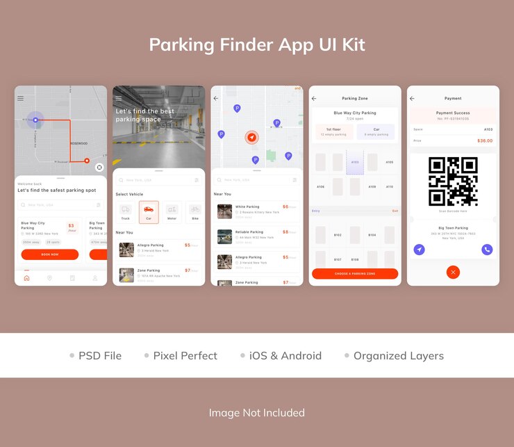 PSD kit de interfaz de usuario de la aplicación parking finder