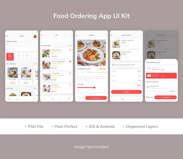 PSD kit de interfaz de usuario de la aplicación de pedidos de alimentos
