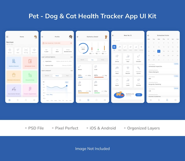 Kit de interfaz de usuario de la aplicación Pet Dog Cat Health Tracker