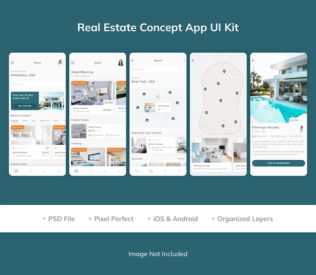 PSD kit de interfaz de usuario de la aplicación real estate concept