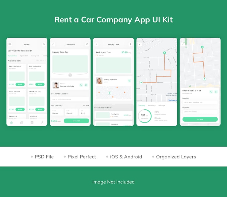 PSD kit de interfaz de usuario de la aplicación rent a car company