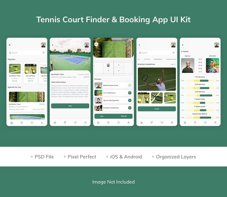 PSD kit de interfaz de usuario de la aplicación de reserva del buscador de canchas de tenis