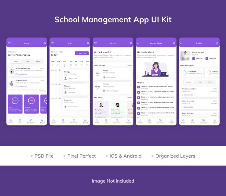 PSD kit de interfaz de usuario de la aplicación school managemnet