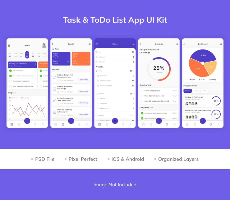 PSD kit de interfaz de usuario de la aplicación task and todo list