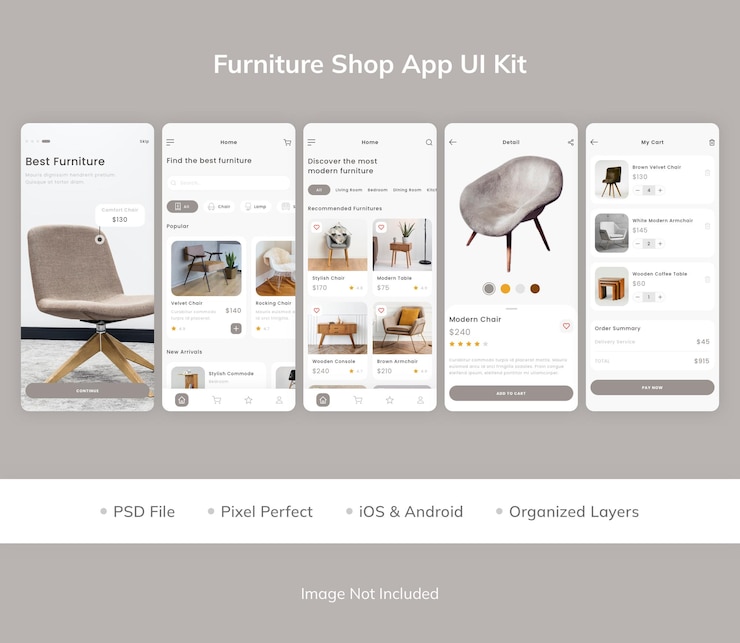 PSD kit de interfaz de usuario de la aplicación de tienda de muebles