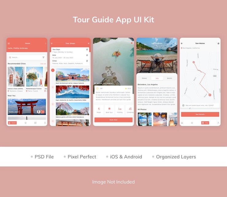 PSD kit de interfaz de usuario de la aplicación tour guide