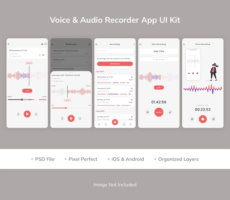 PSD kit de interfaz de usuario de la aplicación voice amp audio recorder