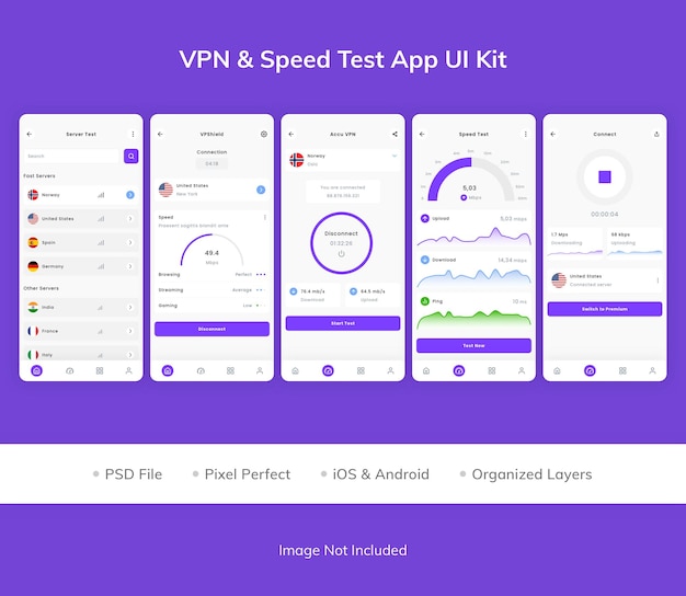 Kit de interfaz de usuario de la aplicación VPN amp Speed Test