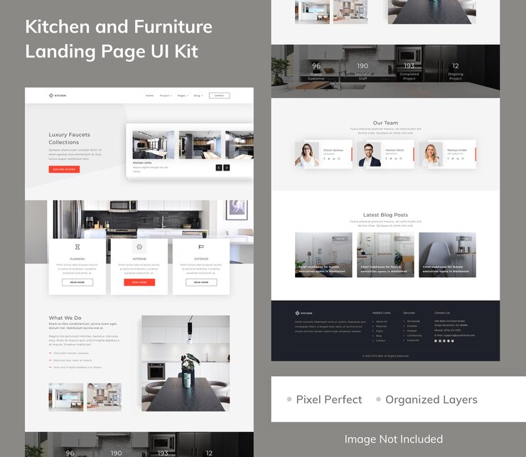 PSD kit de interfaz de usuario de página de destino de cocina y muebles
