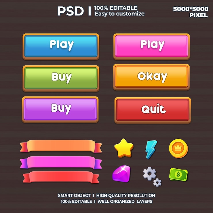 PSD kit de juego 2d ui interfaz de usuario juego casual ui kit ui arte juego de dibujos animados ui cool ui