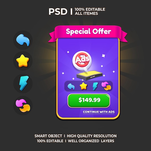 Kit de juego 2D Ui Interfaz de usuario Juego casual UI Kit UI Arte Juego de dibujos animados Ui Cool UI