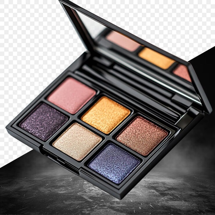 PSD un kit de maquillaje con diferentes colores y un fondo negro