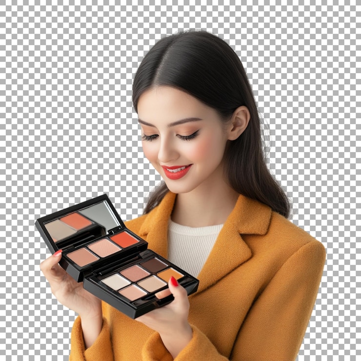 PSD kit de maquillaje png en la mano con pinceles y colores en un fondo transparente generado por ai