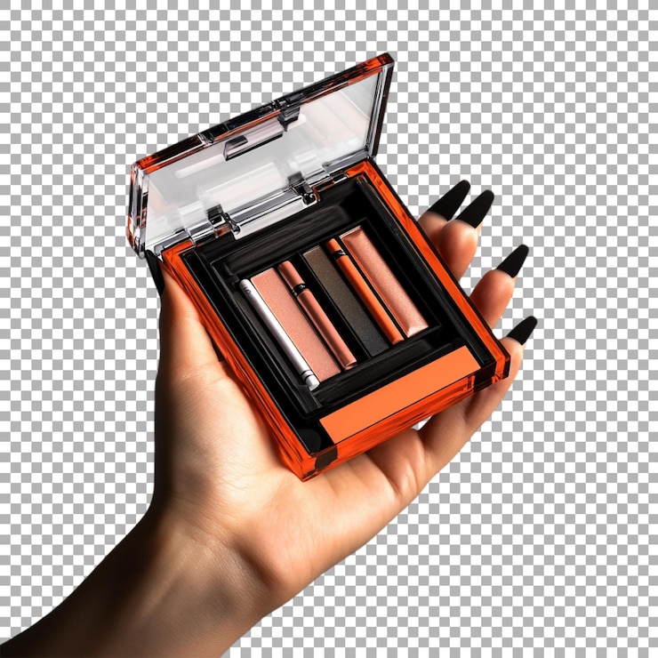 PSD kit de maquillaje png en la mano con pinceles y colores en un fondo transparente generado por ai
