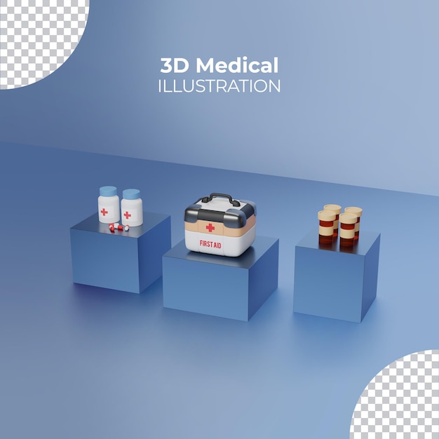 Kit médical réaliste de rendu 3d et pilules sur le podium