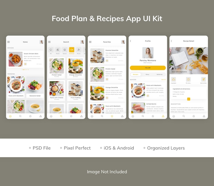 PSD kit per l'interfaccia utente dell'app ricette del piano alimentare