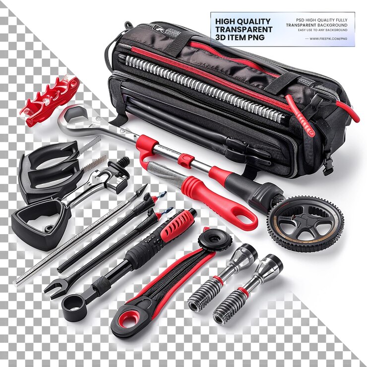 PSD kit portátil de reparación de bicicletas de viaje compacto y completo en un fondo transparente