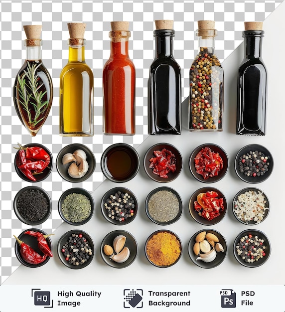 PSD kit de preparación de salsa caliente con una variedad de botellas y cuencos, incluidas botellas de vidrio negro y rojas, así como un pequeño cuenco negro