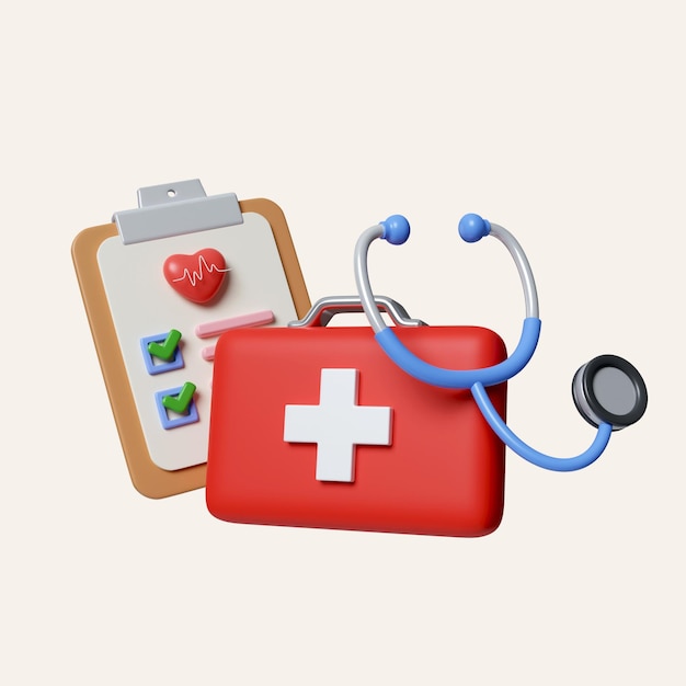 PSD kit de primeros auxilios 3d y icono de encuesta médica signo de historial de paciente del hospital estilo plano clásico icono de historial del paciente de gradiente aislado en fondo blanco ilustración de renderización 3d camino de recorte