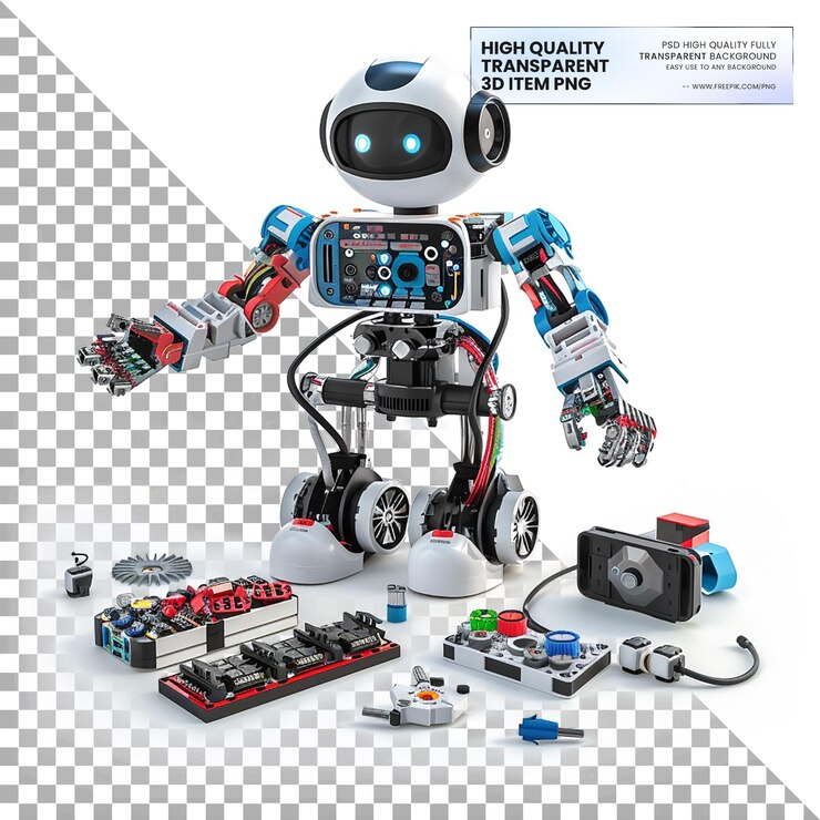 PSD kit de robótica para principiantes con componentes de programación en un fondo transparente