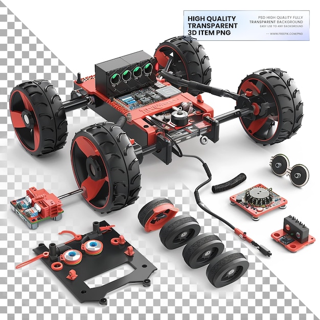 Kit de robótica para principiantes con componentes de programación en un fondo transparente