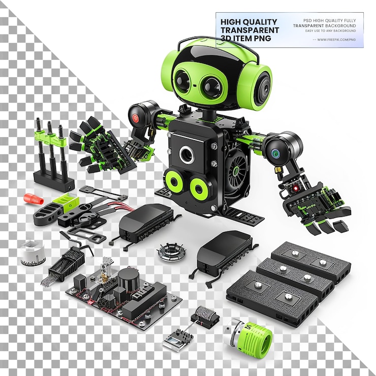 PSD kit de robótica para principiantes con componentes de programación en un fondo transparente