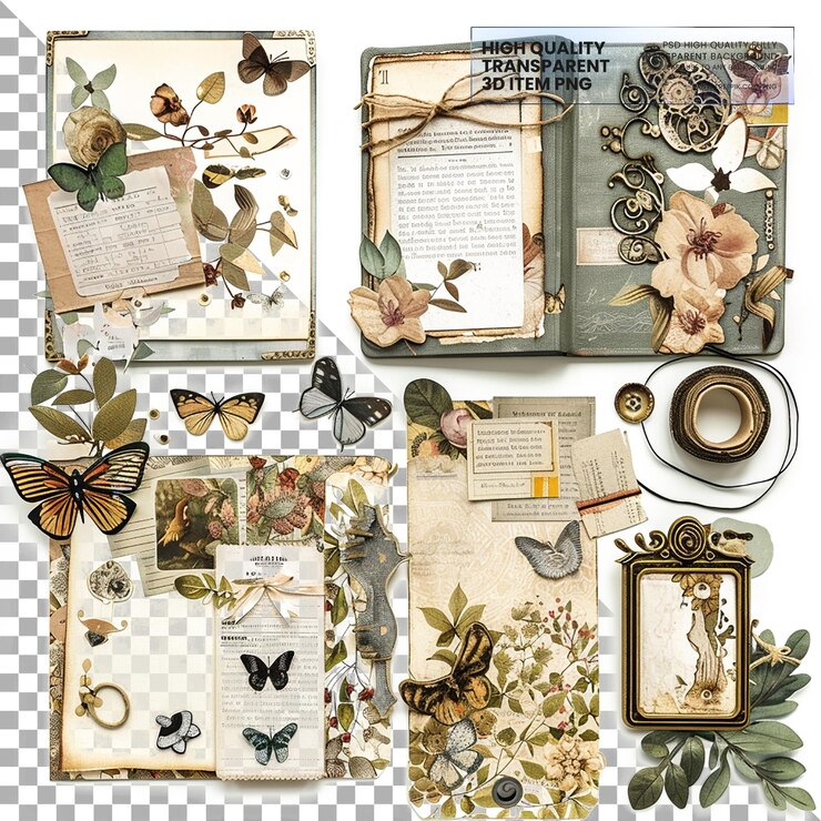 PSD kit scrapbooking dengan album dan dekorasi di latar belakang transparan