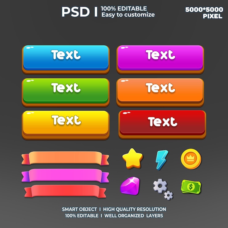 PSD kit ui game game 2d ui antarmuka pengguna game kasual ui kit ui seni ui game kartun ui ui keren