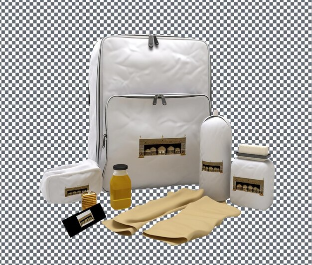 Kit útil para el Hajj y la Umrah aislado en un fondo transparente