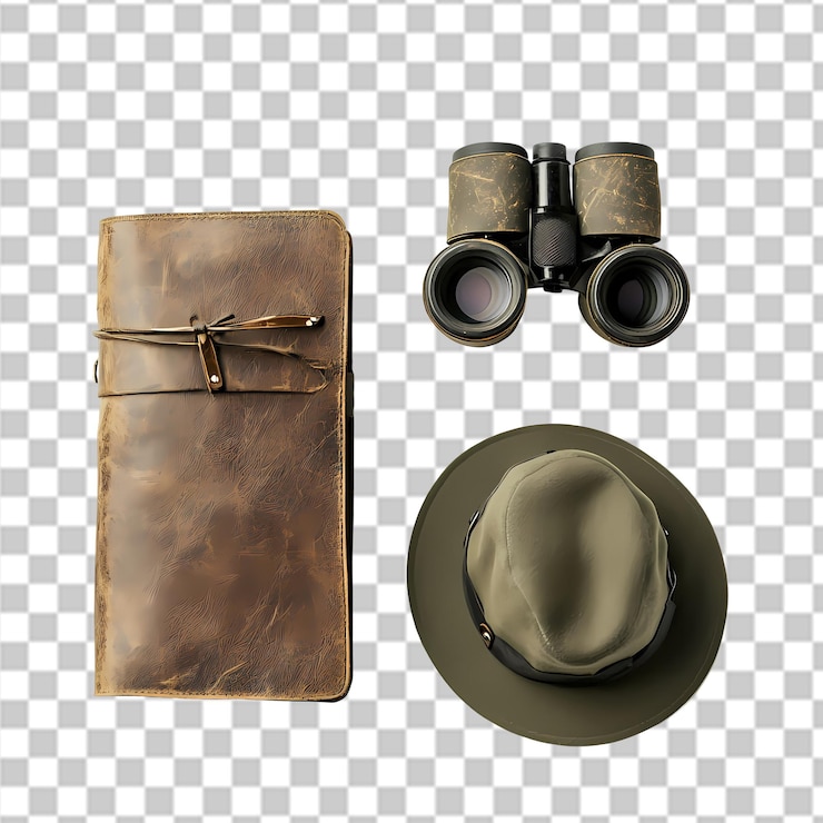 PSD kit de viaje vintage sombrero de cuero binoculares libro antiguo