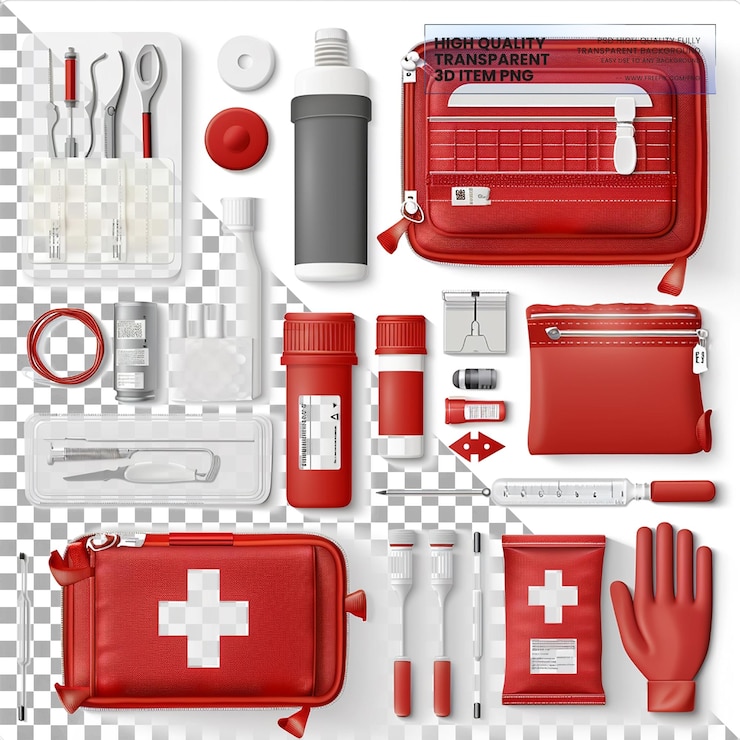 PSD kits médicos de emergencia contienen artículos esenciales para emergencias en un fondo transparente