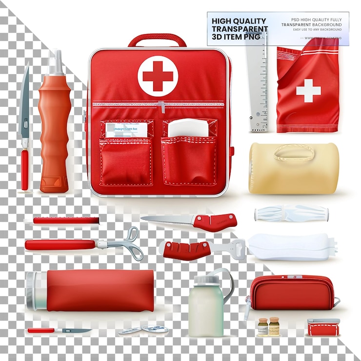 PSD kits médicos de emergencia contienen artículos esenciales para emergencias en un fondo transparente