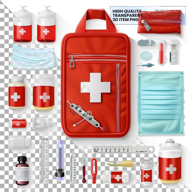 PSD kits médicos de emergencia contienen artículos esenciales para emergencias en un fondo transparente