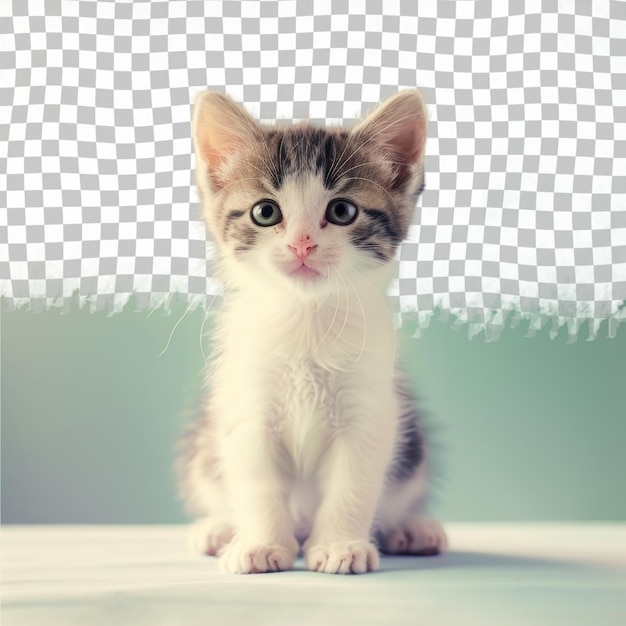 PSD a kitten sits on a table with a white background with a checkered pattern