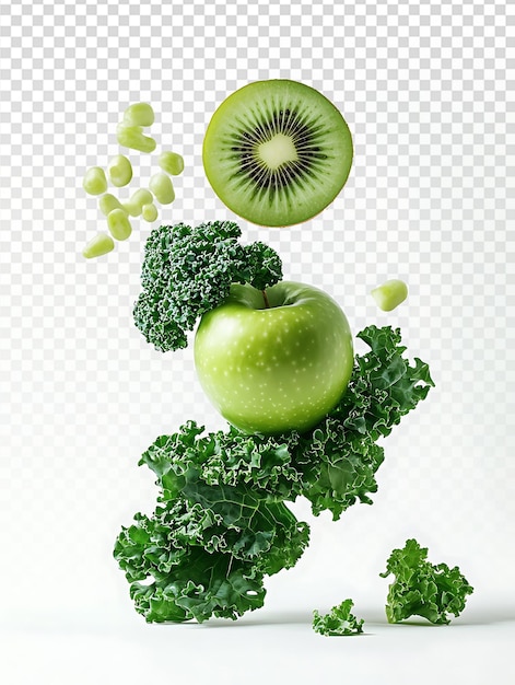 Kiwi fresco e maçã verde cercados por couve em fundo branco