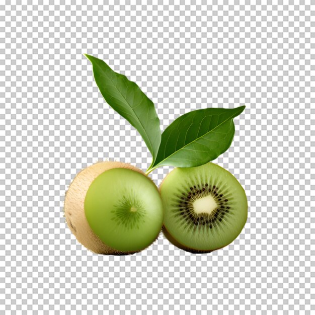 Kiwi fresco con hojas verdes sobre un fondo transparente