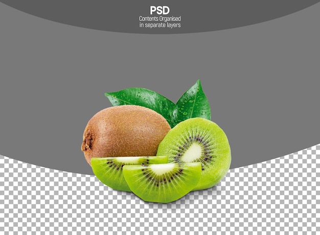 Kiwi-Fruchtscheiben mit isolierten Blättern auf durchsichtigem Hintergrund