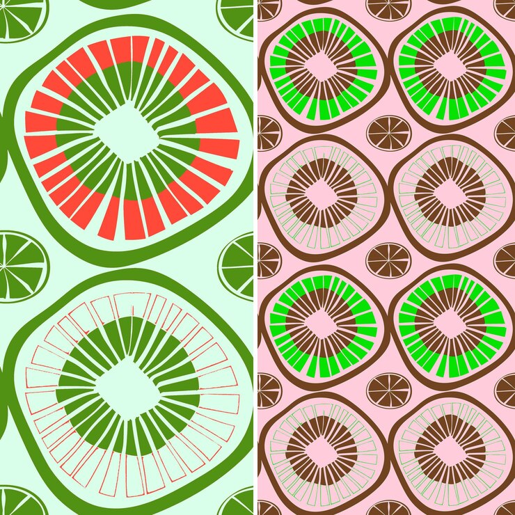PSD kiwi con sección transversal cortada y diseño simple con simetría vector de patrón único de frutas tropicales