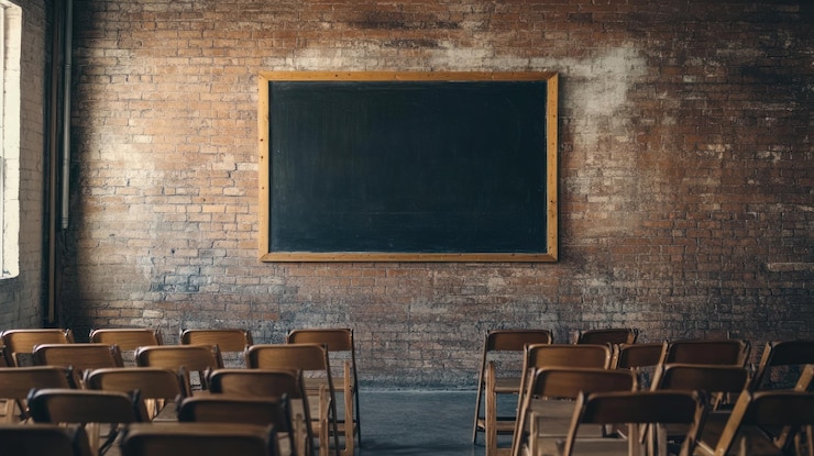 PSD klassenzimmer mit leeren stühlen und tafel