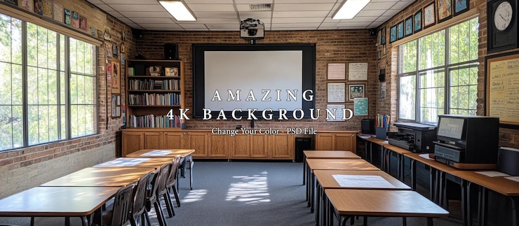 PSD klassenzimmer mit projektionsbildschirm und holztischen