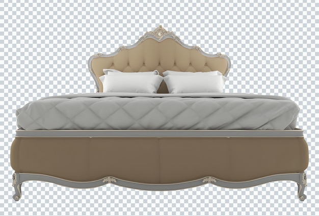 Klassisches goldgraues weißes Bettwäscheset. Bett. Vorderansicht