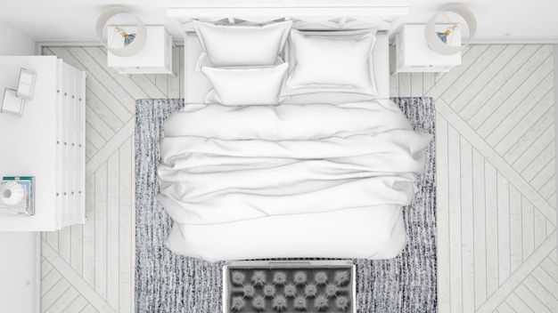 Klassisches Schlafzimmer oder Hotelzimmer mit Doppelbett und eleganten Möbeln, Draufsicht