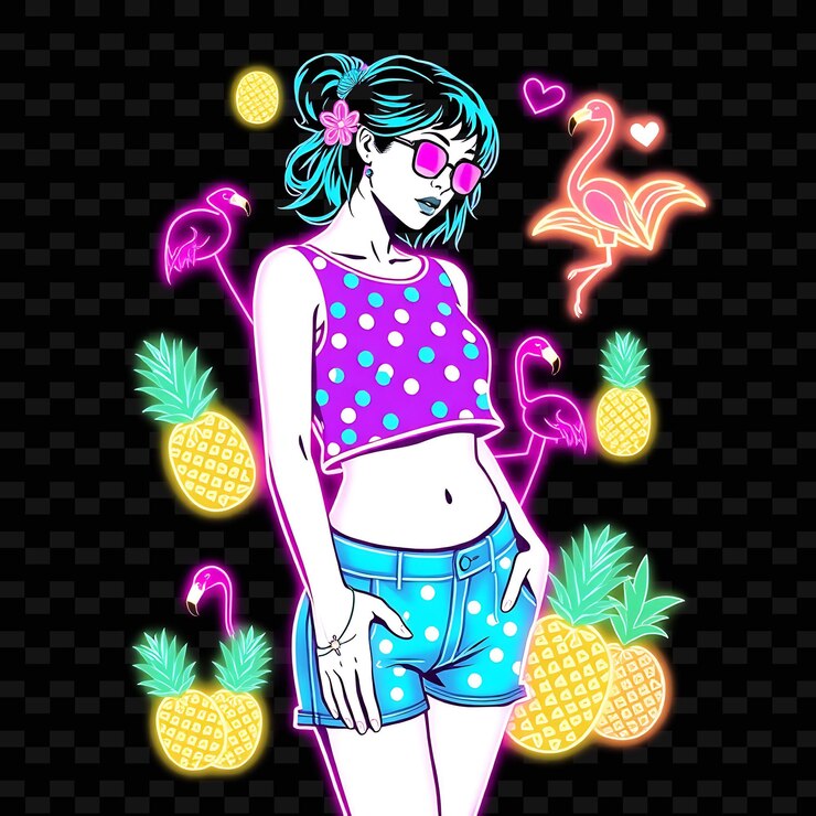 PSD kleine frau in crop top und shorts neon polkadot art design mit lila und teal thema geschmückt w